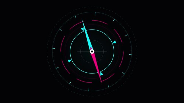 Futuristic digital compass HUD interface with glowing neon arrows on a dark background