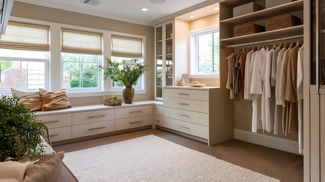 A bright  modern walk in closet with built in storage  window seating  and natural light from three