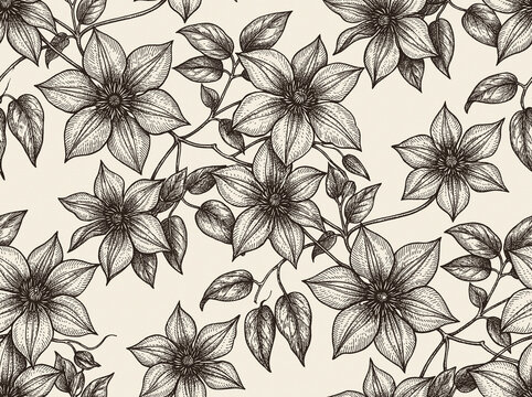 Floral pattern background flower in seamless botanical hand of drawn sketch engraving vintage clematis black texture nature leaf plant vine illustration graphic