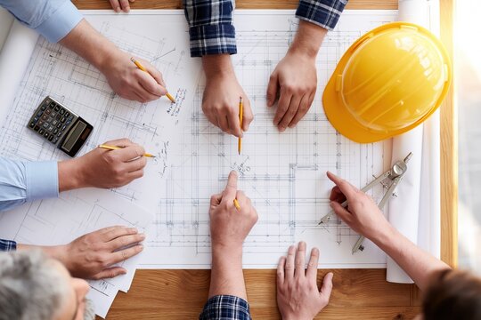 Diverse team of construction professionals collaborating on blueprints and architectural plans with tools