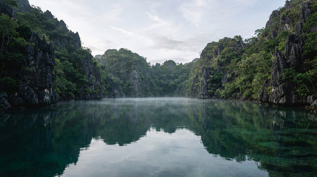 Peaceful mist floating above a secluded tropical lagoon surrounded by dense rainforest and dramatic dark limestone cliffs reflected in calm clear water.