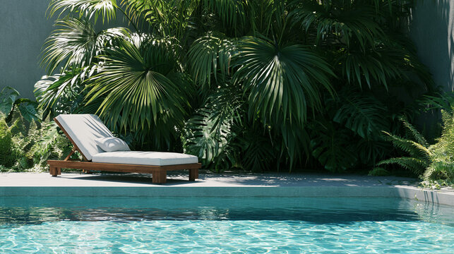 Relaxing poolside lounge chair in a lush tropical garden setting
