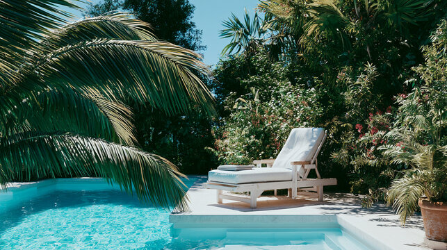 A serene poolside lounge chair surrounded by lush tropical palm trees