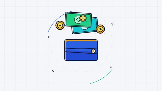 Digital wallet with mobile payment apps and cryptocurrency coins in flat vector illustration