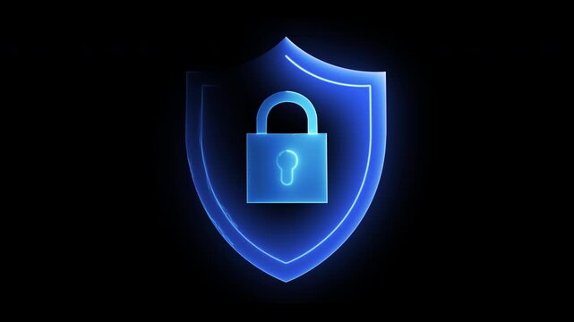 Blue shield secure protection padlock security animation on transparent background