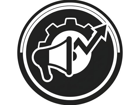 Marketing icon with gears and upward trend black and white vector graphic for business concepts