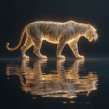 Glowing golden outline drawing of tiger walking with reflection on water, illuminated stripes creating striking visual effect