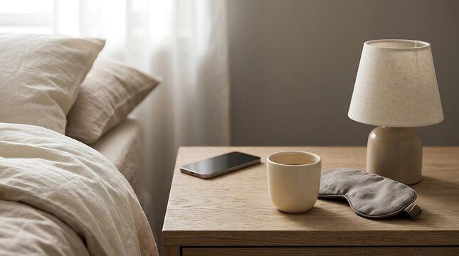 Minimalist bedroom interior with a bedside table lamp and sleep accessories.