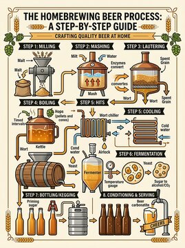Homebrewing beer process guide showing steps from grain to glass