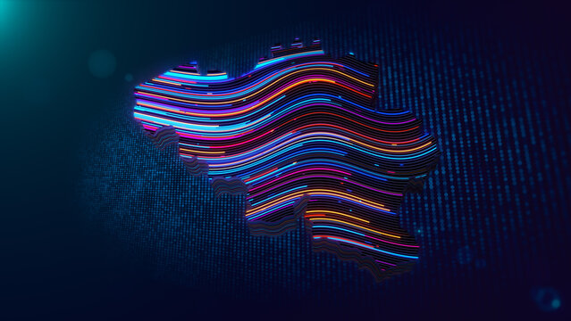 Abstract futuristic Belgium map featuring colorful glowing wavy lines, 3D extruded geometry, blue particle grid, depth of field, light flares, and a modern digital technology background.