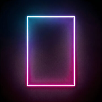 Glowing neon rectangular frame with vibrant purple and blue abstract smoke on black background