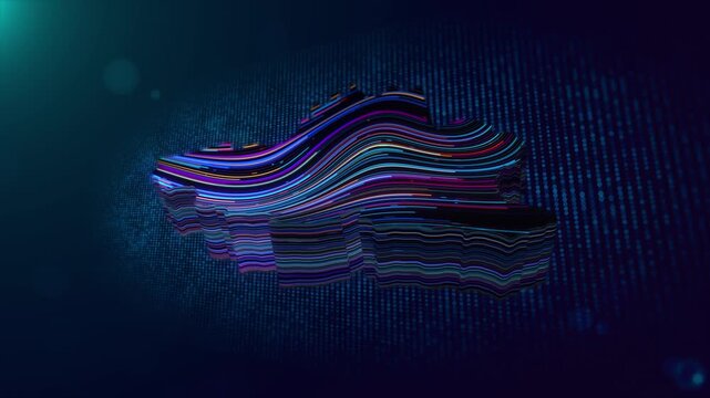 Belgium map reveal with glowing multicolor flowing lines, 3D extruded surface, digital particle grid, depth of field, cinematic light flares, and futuristic technology inspired motion background.