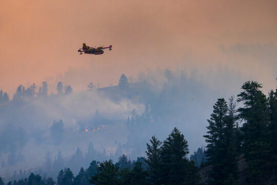 Water bomber airplane flying over a forest fire