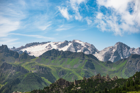 Marmolada glacier and peaks in the Italian Dolomites