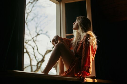 Contemplative woman sitting in an open window frame