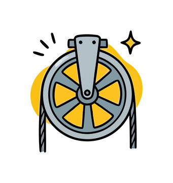 A simple mechanical pulley with rope and a sparkle while the pulley turns with power and efficiency
