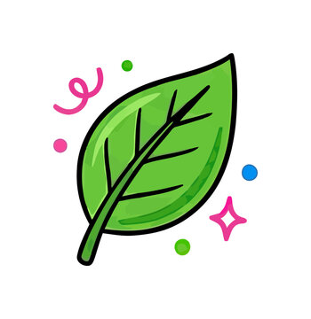Green leaf with celebratory confetti and sparkles representing nature and joy