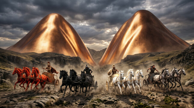Zechariah's majestic vision of four chariots with red, black, white, and dappled horses charging out from between two solid bronze mountains