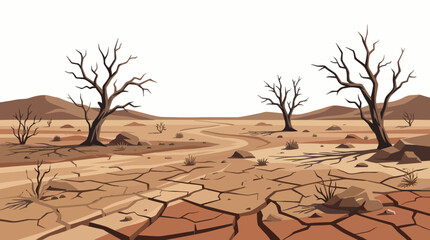 Naklejka premium Dry Desert Landscape with Cracked Ground and Bare Trees Vector Illustration