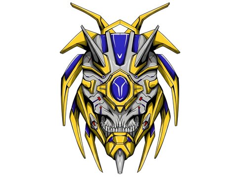  Futuristic golden robotic samurai mask with purple gem accents, sharp blade-like horns, silver mechanical faceplate, angular armor panels, and detailed anime-inspired warrior design on white.