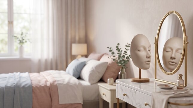 3D Face Looking into Oval Mirror Blurred Pastel Bedroom