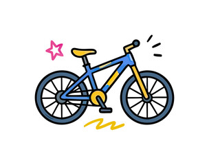 Fototapeta premium A blue and yellow bicycle with a pink star and yellow squiggles on a white background