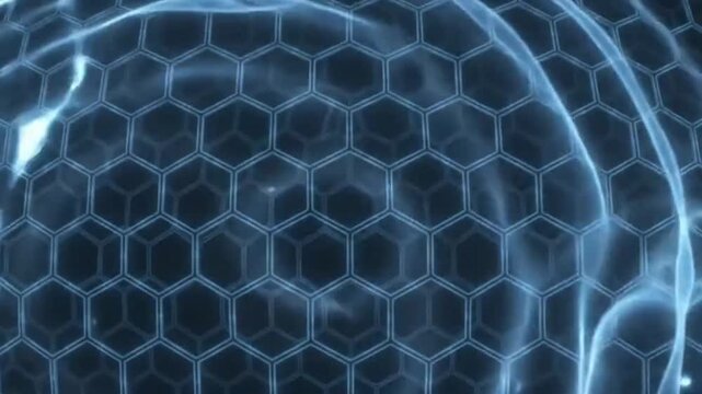 Abstract energy shield ripple effect, transparent hexagonal grid glowing with soft blue light against a dark void.
