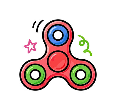 A red fidget spinner toy spins with playful stars and swirls while promoting fun and stress relief