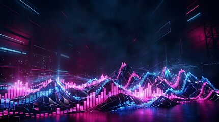 Naklejka premium Glowing digital music equalizer waves in a dark neon futuristic landscape