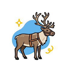 Fototapeta premium A cute cartoon reindeer with antlers and a harness stands on a blue background with festive yellow accents