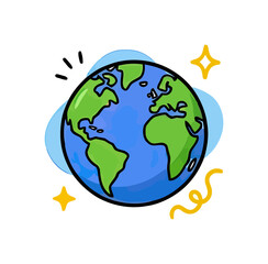 Naklejka premium Cartoon earth globe illustration with stars and swirls representing celebration and joy