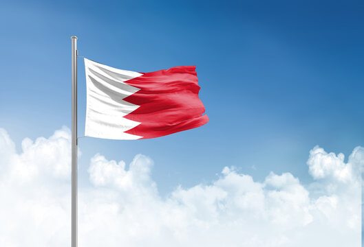 Bahrain flag waving in beautiful sky.