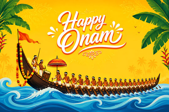 Traditional snake boat race with men rowing fast to celebrate happy onam greeting during the grand beautiful south indian festival in kerala