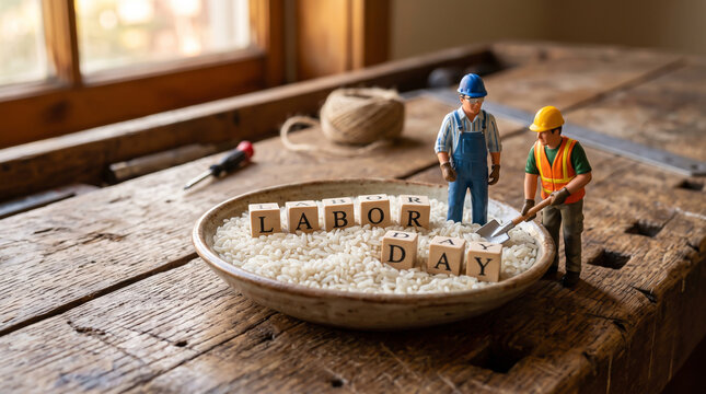 Labor day concept with miniature construction workers and wooden letter blocks on a rustic table