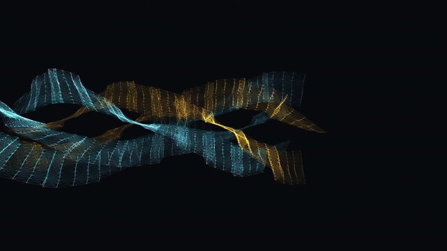 Abstract geometric network of cyan and gold nodes connected by glowing lines. The visual system morphs smoothly through distinct structural clusters over a deep background.