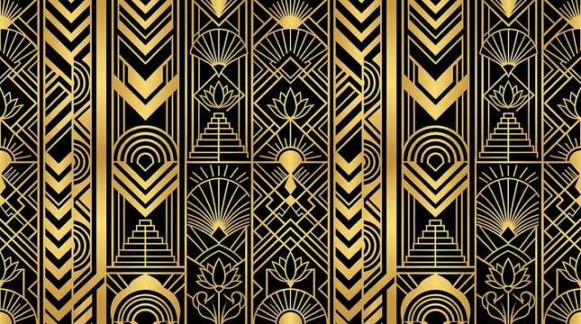 Golden art deco geometric pattern with luxury vintage motifs