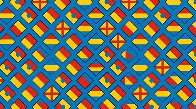 Colorful geometric signal flag pattern on a blue diamond grid