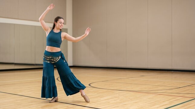 Young woman practicing belly dancing in a bright dance studio. Female dancer wearing a teal outfit and gold coin belt performing a graceful pose on a wooden floor. Indoor fitness and arts concept