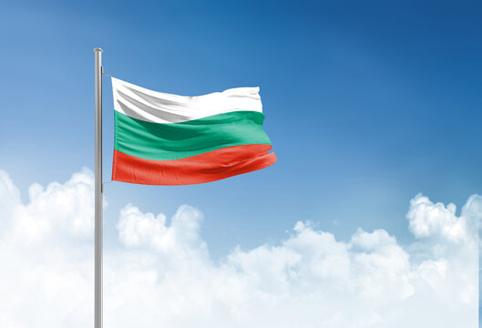 Bulgaria flag waving in beautiful sky.