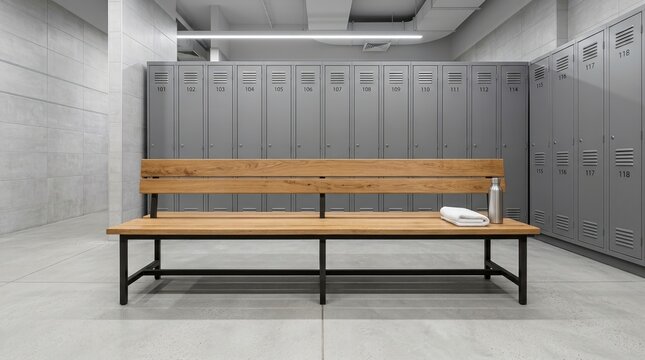 Empty modern locker room with a wooden bench and grey metal lockers. Gym changing room interior with a towel and water bottle