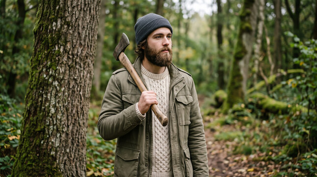 Bearded lumberjack carrying an axe in a forest Labor Day outdoor lifestyle