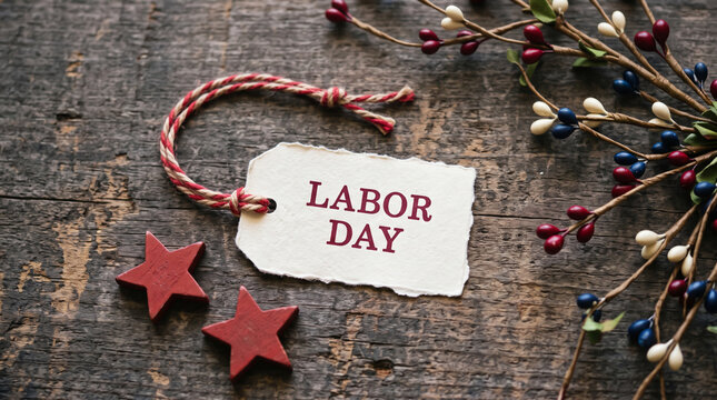 Labor day tag with patriotic stars and berries on rustic wood background