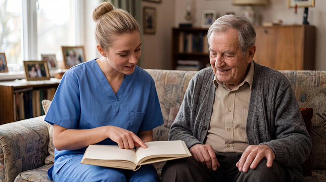 Nurse reading book with senior man during home care visit