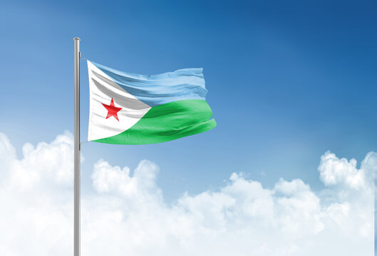 Djibouti flag waving in beautiful sky.