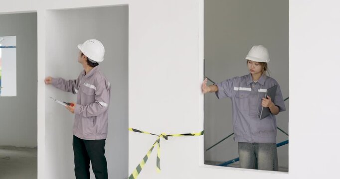 Asian woman engineer and male contractor review clipboard while measuring tape marks work zone, coordinating construction quality control inspection, safety compliance, progress indoors