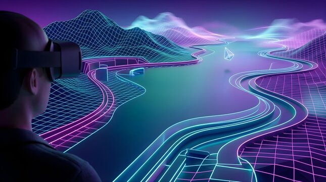 Person wearing virtual reality headset exploring a neon digital landscape