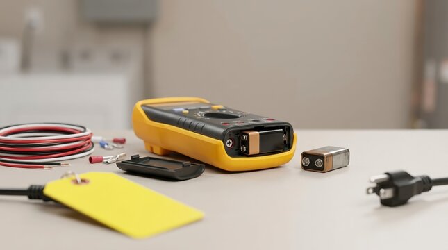 Replacing a nine volt battery in a yellow digital multimeter. Electrical tester maintenance on a work table. Tool repair and service concept