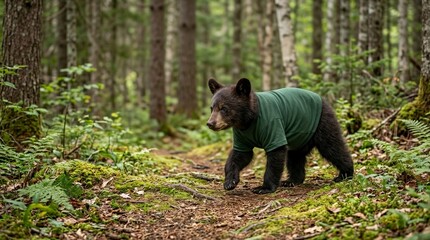 Naklejka premium Black bear cub wearing a green t-shirt walking in the forest. Young wild animal in clothing on a woodland path. Funny wildlife concept in natural habitat