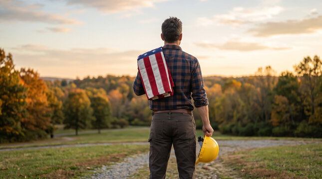 Man with american flag and hard hat celebrating labor day in a rural landscape