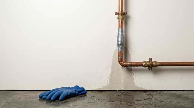 Leaking copper pipe with temporary duct tape repair. Water dripping onto concrete floor with blue gloves in a home utility area